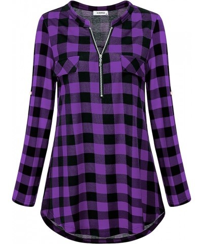 Women's Zip Up V Neck 3/4 Rolled Sleeve Casual Tunic Shirt 01 Plaid Purple $14.26 Tops