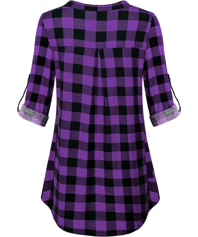 Women's Zip Up V Neck 3/4 Rolled Sleeve Casual Tunic Shirt 01 Plaid Purple $14.26 Tops