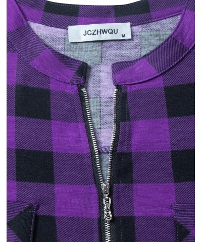 Women's Zip Up V Neck 3/4 Rolled Sleeve Casual Tunic Shirt 01 Plaid Purple $14.26 Tops