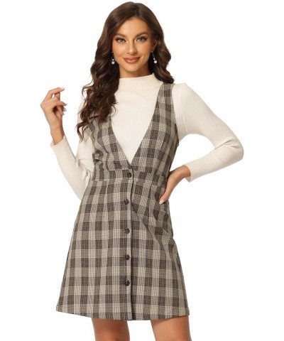 Women's Overalls Suspenders Halloween V Neck Plaid Houndstooth Pinafore Dress Brown Orange $23.77 Overalls