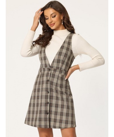 Women's Overalls Suspenders Halloween V Neck Plaid Houndstooth Pinafore Dress Brown Orange $23.77 Overalls