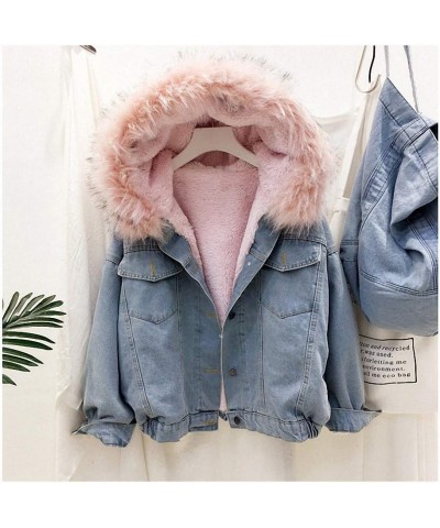 Women Large Fur Collar Hooded Denim Jacket Thicken Velvet Shaggy Loose Bomber Jean Jacket Warm Fleece Lined Cotton-Padded Pin...