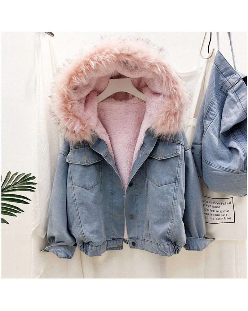 Women Large Fur Collar Hooded Denim Jacket Thicken Velvet Shaggy Loose Bomber Jean Jacket Warm Fleece Lined Cotton-Padded Pin...