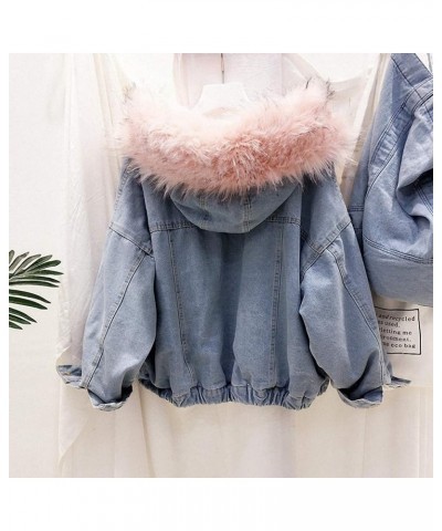 Women Large Fur Collar Hooded Denim Jacket Thicken Velvet Shaggy Loose Bomber Jean Jacket Warm Fleece Lined Cotton-Padded Pin...