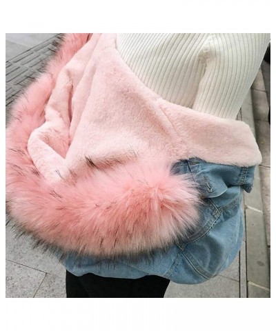 Women Large Fur Collar Hooded Denim Jacket Thicken Velvet Shaggy Loose Bomber Jean Jacket Warm Fleece Lined Cotton-Padded Pin...