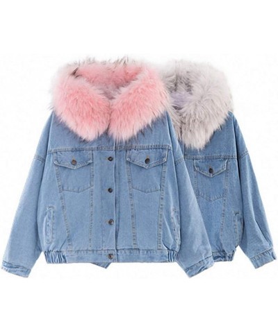 Women Large Fur Collar Hooded Denim Jacket Thicken Velvet Shaggy Loose Bomber Jean Jacket Warm Fleece Lined Cotton-Padded Pin...