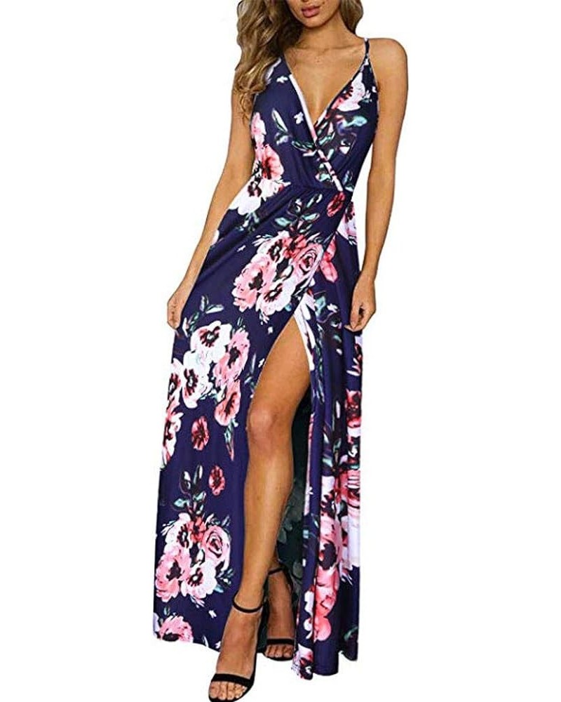 Summer Dresses for Women Deep V-Neck Casual Dress Backless Strap Floral Print/Solid Split Maxidress for Beach Party C-blue $1...