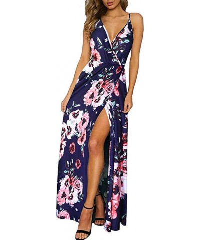 Summer Dresses for Women Deep V-Neck Casual Dress Backless Strap Floral Print/Solid Split Maxidress for Beach Party C-blue $1...