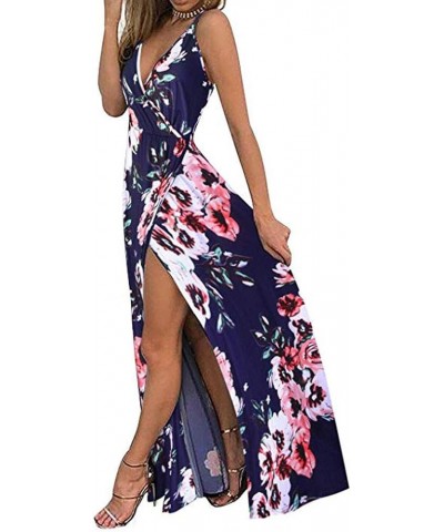 Summer Dresses for Women Deep V-Neck Casual Dress Backless Strap Floral Print/Solid Split Maxidress for Beach Party C-blue $1...