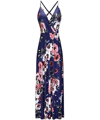 Summer Dresses for Women Deep V-Neck Casual Dress Backless Strap Floral Print/Solid Split Maxidress for Beach Party C-blue $1...