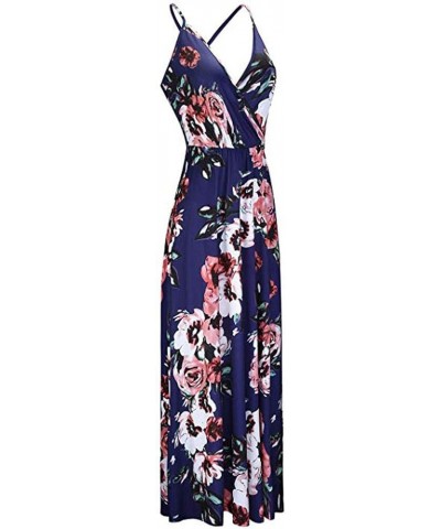 Summer Dresses for Women Deep V-Neck Casual Dress Backless Strap Floral Print/Solid Split Maxidress for Beach Party C-blue $1...