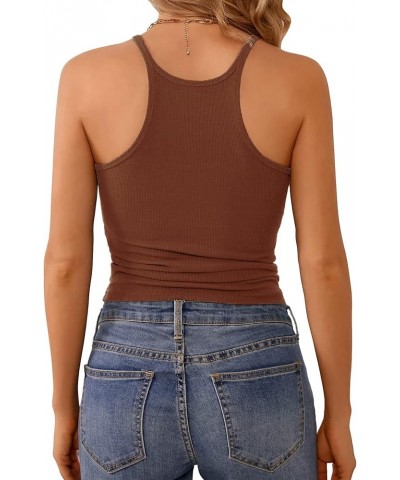 Womens Sleeveless Ribbed Fitted Tank Top Form Fitting Scoop Neck Basic Cami Shirts Cropped Brown $11.50 Tanks