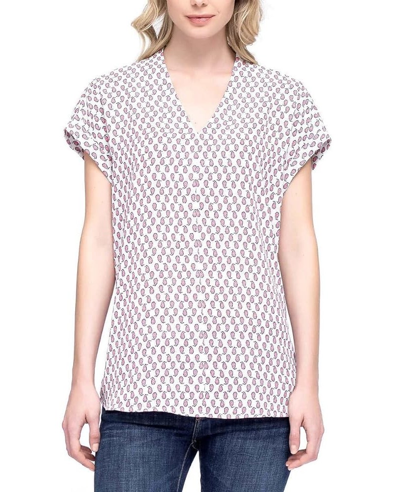 Sleeveless Button Down Henley Blouse Print Shirt with Front Chest Pocket Ivory $10.73 Tops