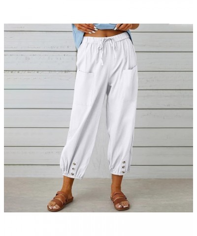 Capri Pants Women Casual Summer Elastic High Waist Linen Pants Loose Wide Leg Cargo Pants Crop Trouser with Pockets B1white $...