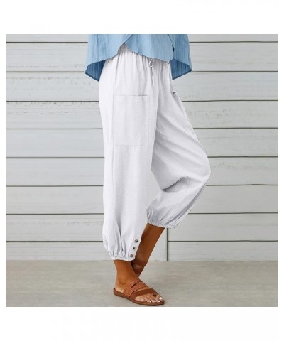 Capri Pants Women Casual Summer Elastic High Waist Linen Pants Loose Wide Leg Cargo Pants Crop Trouser with Pockets B1white $...