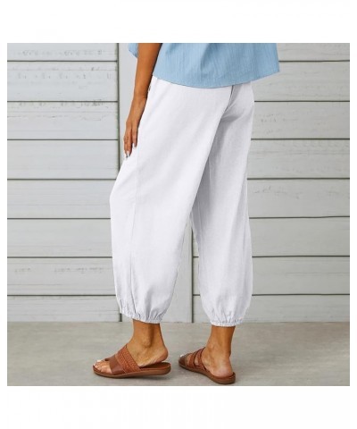 Capri Pants Women Casual Summer Elastic High Waist Linen Pants Loose Wide Leg Cargo Pants Crop Trouser with Pockets B1white $...