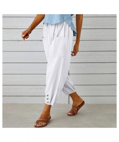 Capri Pants Women Casual Summer Elastic High Waist Linen Pants Loose Wide Leg Cargo Pants Crop Trouser with Pockets B1white $...