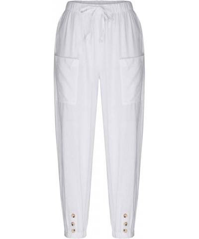 Capri Pants Women Casual Summer Elastic High Waist Linen Pants Loose Wide Leg Cargo Pants Crop Trouser with Pockets B1white $...