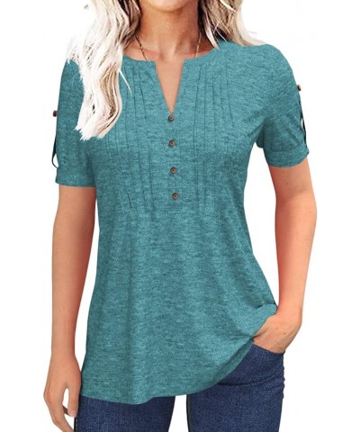Women's Zipper Summer Pleated Button Short Sleeve T-Shirt Summer V-Neck Solid Color Casual top Z01-lake Green $14.24 Socks