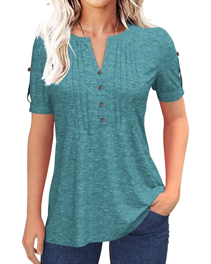 Women's Zipper Summer Pleated Button Short Sleeve T-Shirt Summer V-Neck Solid Color Casual top Z01-lake Green $14.24 Socks