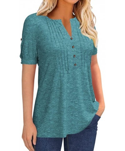 Women's Zipper Summer Pleated Button Short Sleeve T-Shirt Summer V-Neck Solid Color Casual top Z01-lake Green $14.24 Socks