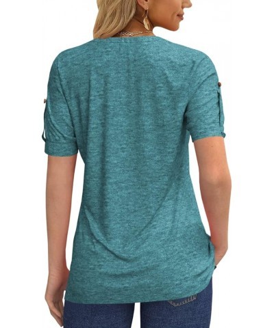 Women's Zipper Summer Pleated Button Short Sleeve T-Shirt Summer V-Neck Solid Color Casual top Z01-lake Green $14.24 Socks