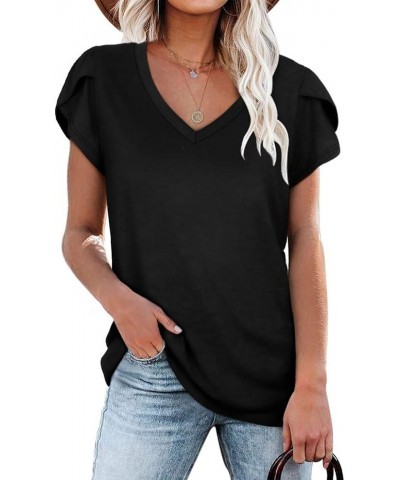 Womens Tops V Neck Summer Petal Sleeve Casual Tshirts Black $13.76 T-Shirts