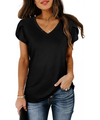 Womens Tops V Neck Summer Petal Sleeve Casual Tshirts Black $13.76 T-Shirts