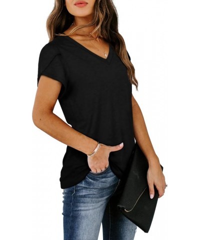 Womens Tops V Neck Summer Petal Sleeve Casual Tshirts Black $13.76 T-Shirts