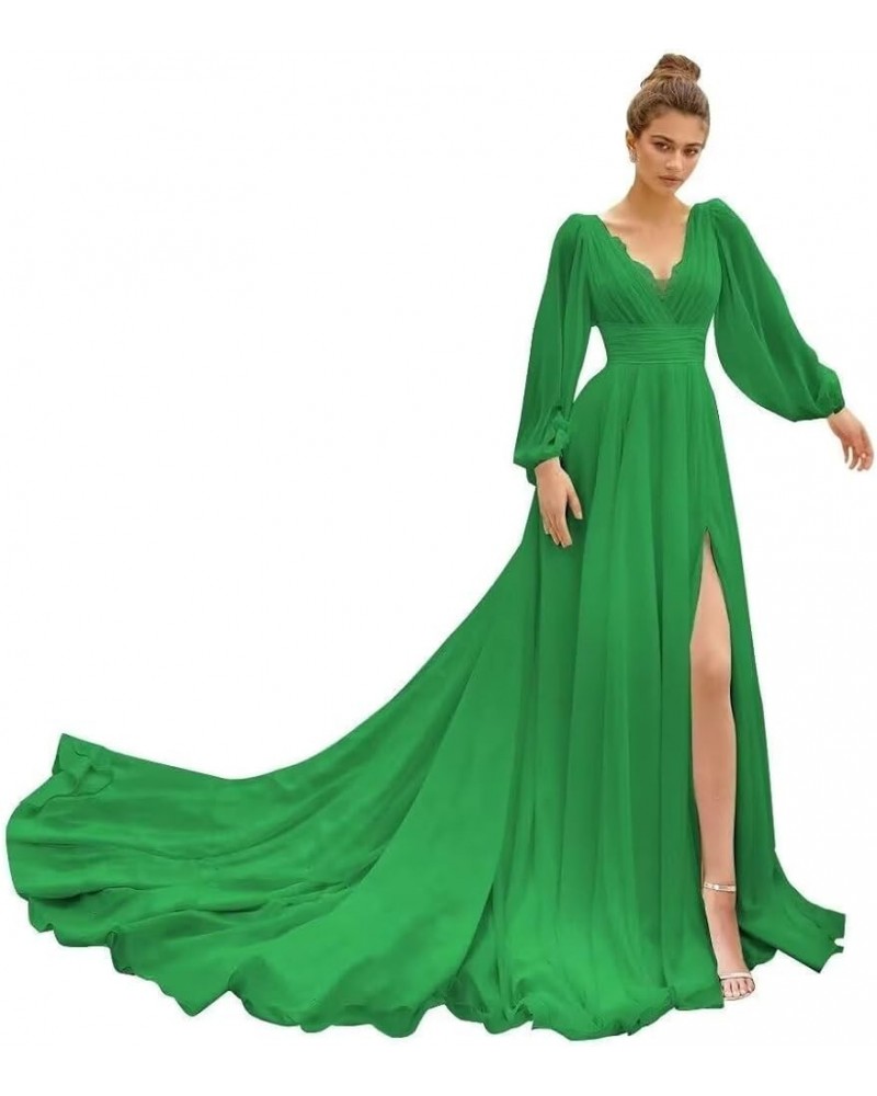 Chiffon Long Beach Wedding Dresses for Bride Puffy Sleeve Prom Dresses Ball Gown Green $44.00 Dresses