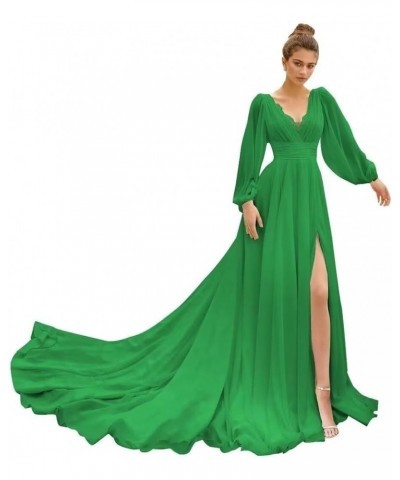 Chiffon Long Beach Wedding Dresses for Bride Puffy Sleeve Prom Dresses Ball Gown Green $44.00 Dresses