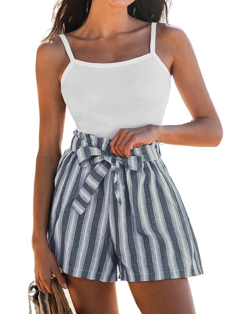 Womens High Waist Striped Shorts 2024 Summer Casual Wide Leg Belted Cotton Shorts Blue Stripes $11.50 Shorts