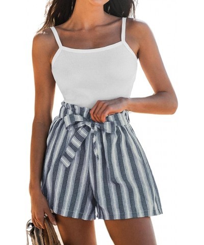 Womens High Waist Striped Shorts 2024 Summer Casual Wide Leg Belted Cotton Shorts Blue Stripes $11.50 Shorts