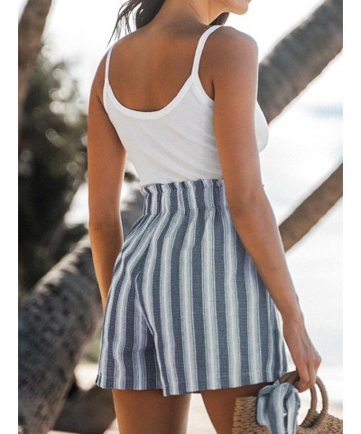 Womens High Waist Striped Shorts 2024 Summer Casual Wide Leg Belted Cotton Shorts Blue Stripes $11.50 Shorts