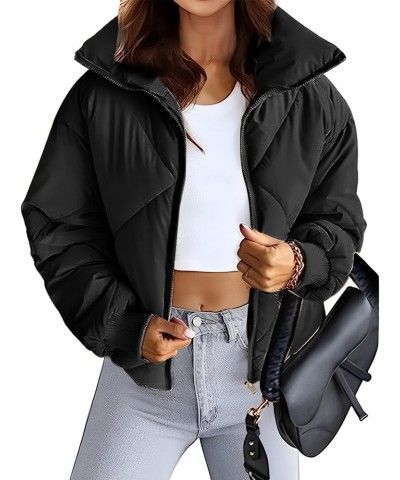 Women's Cropped Puffer Jacket Long Sleeve Zip Up Quilted Short Padded Coat Winter Puffy Outwear with Pockets Black $11.50 Jac...