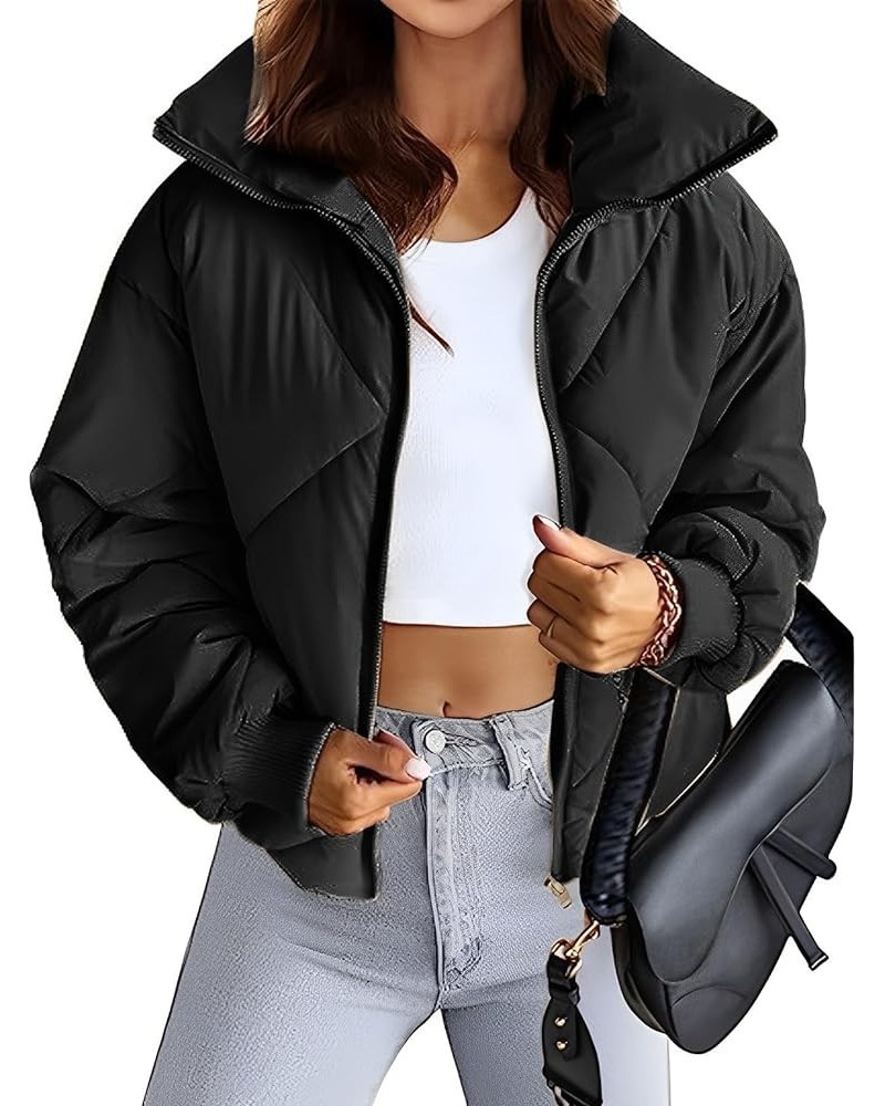 Women's Cropped Puffer Jacket Long Sleeve Zip Up Quilted Short Padded Coat Winter Puffy Outwear with Pockets Black $11.50 Jac...