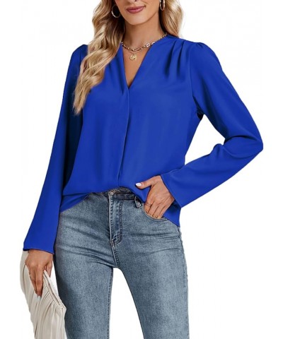 Women's Pleated V Neck Long Sleeve Button Down Office Shirt Blouse Top Royal Blue $12.71 Blouses