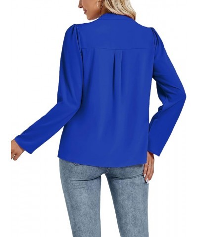 Women's Pleated V Neck Long Sleeve Button Down Office Shirt Blouse Top Royal Blue $12.71 Blouses