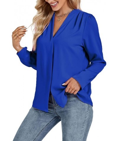 Women's Pleated V Neck Long Sleeve Button Down Office Shirt Blouse Top Royal Blue $12.71 Blouses