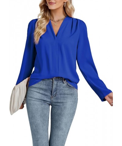 Women's Pleated V Neck Long Sleeve Button Down Office Shirt Blouse Top Royal Blue $12.71 Blouses