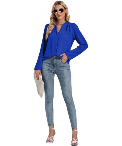 Women's Pleated V Neck Long Sleeve Button Down Office Shirt Blouse Top Royal Blue $12.71 Blouses