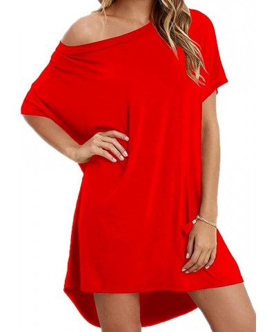 Women's Casual Off Shoulder Tunic Shirt Loose Mini Home T Shirt Dress Red $18.69 Dresses