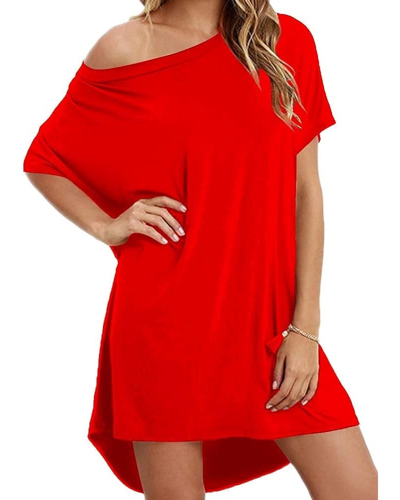 Women's Casual Off Shoulder Tunic Shirt Loose Mini Home T Shirt Dress Red $18.69 Dresses