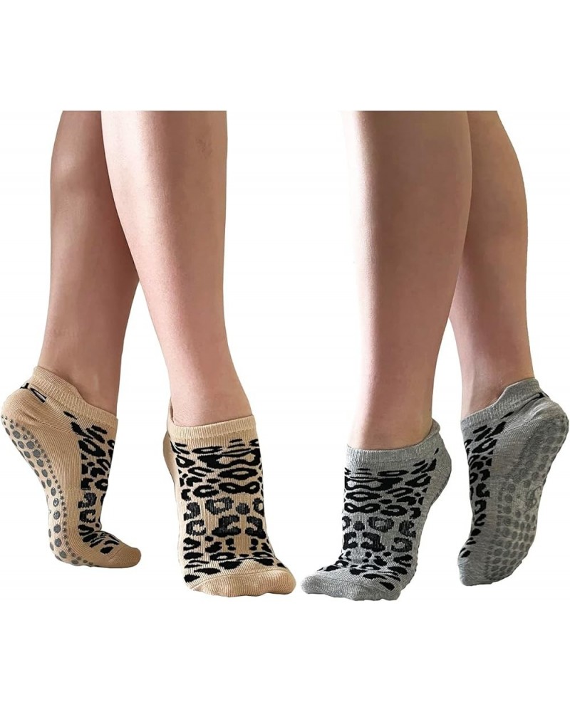 Non Slip Pilates Barre Socks with Grips, Anti Skid Leopard Print Ankle Grip Yoga Socks Leopard Grey/Nude $9.50 Activewear