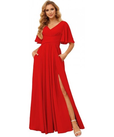 Women's Flutter Sleeves Bridesmaid Dresses Long V Neck Pleated Chiffon Formal Evening Gown with Slit TN004 Red $24.30 Dresses