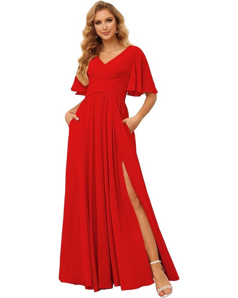 Women's Flutter Sleeves Bridesmaid Dresses Long V Neck Pleated Chiffon Formal Evening Gown with Slit TN004 Red $24.30 Dresses