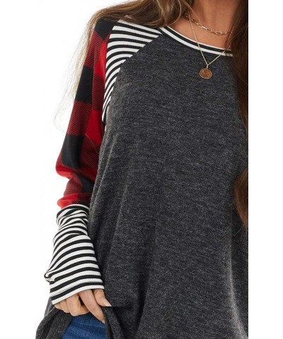 Women's Crew Neck Long Sleeve Tunics Tops Buffalo Plaid Stripe Color Block Raglan Shirts Dark Grey $14.74 Tops
