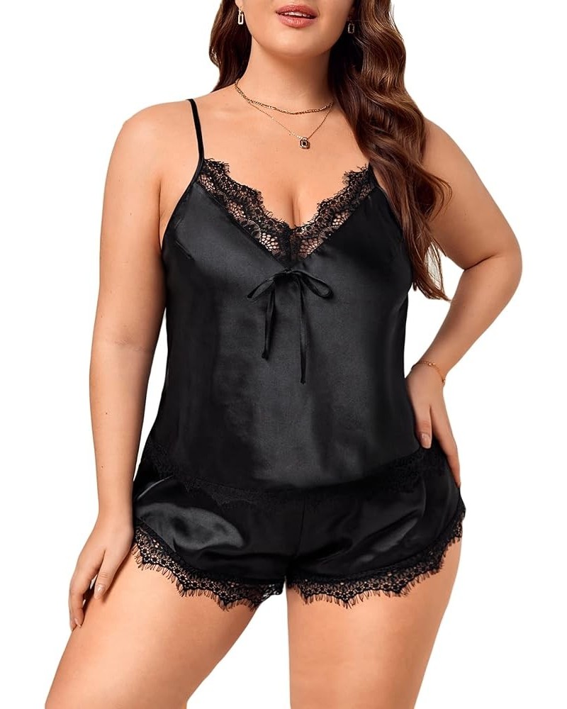 Women's Plus Size Contrast Lace Camisole and Shorts Pj Set Sleepwear Black Solid $13.34 Sleep & Lounge