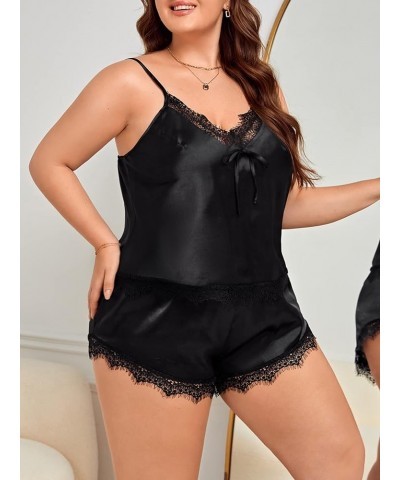 Women's Plus Size Contrast Lace Camisole and Shorts Pj Set Sleepwear Black Solid $13.34 Sleep & Lounge