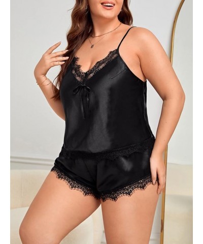 Women's Plus Size Contrast Lace Camisole and Shorts Pj Set Sleepwear Black Solid $13.34 Sleep & Lounge